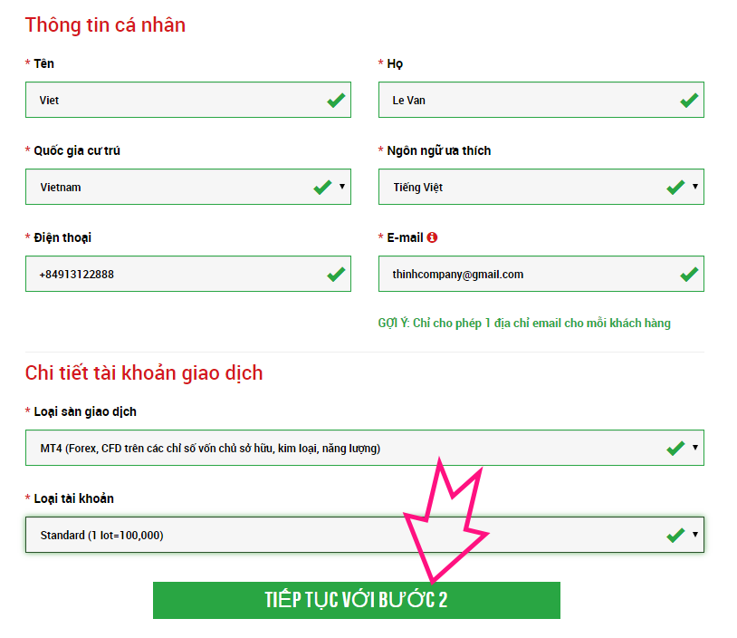 Mở tài khoản sàn XM bằng cách điền thông tin