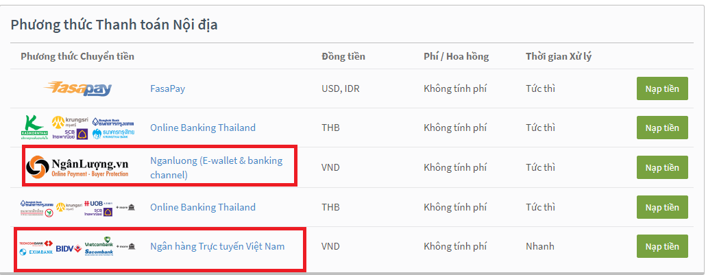Nạp tiền qua cổng ngân lượng