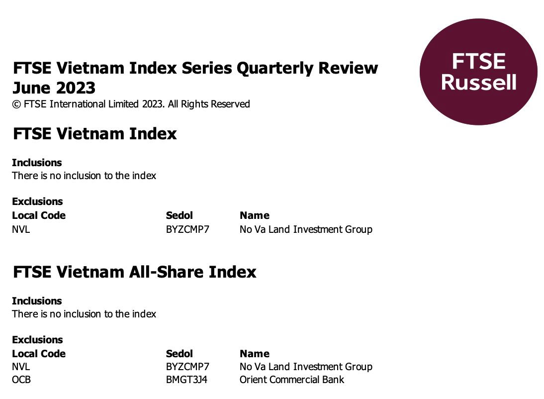 Chỉ số tham chiếu của FTSE Vietnam ETF loại cổ phiếu NVL